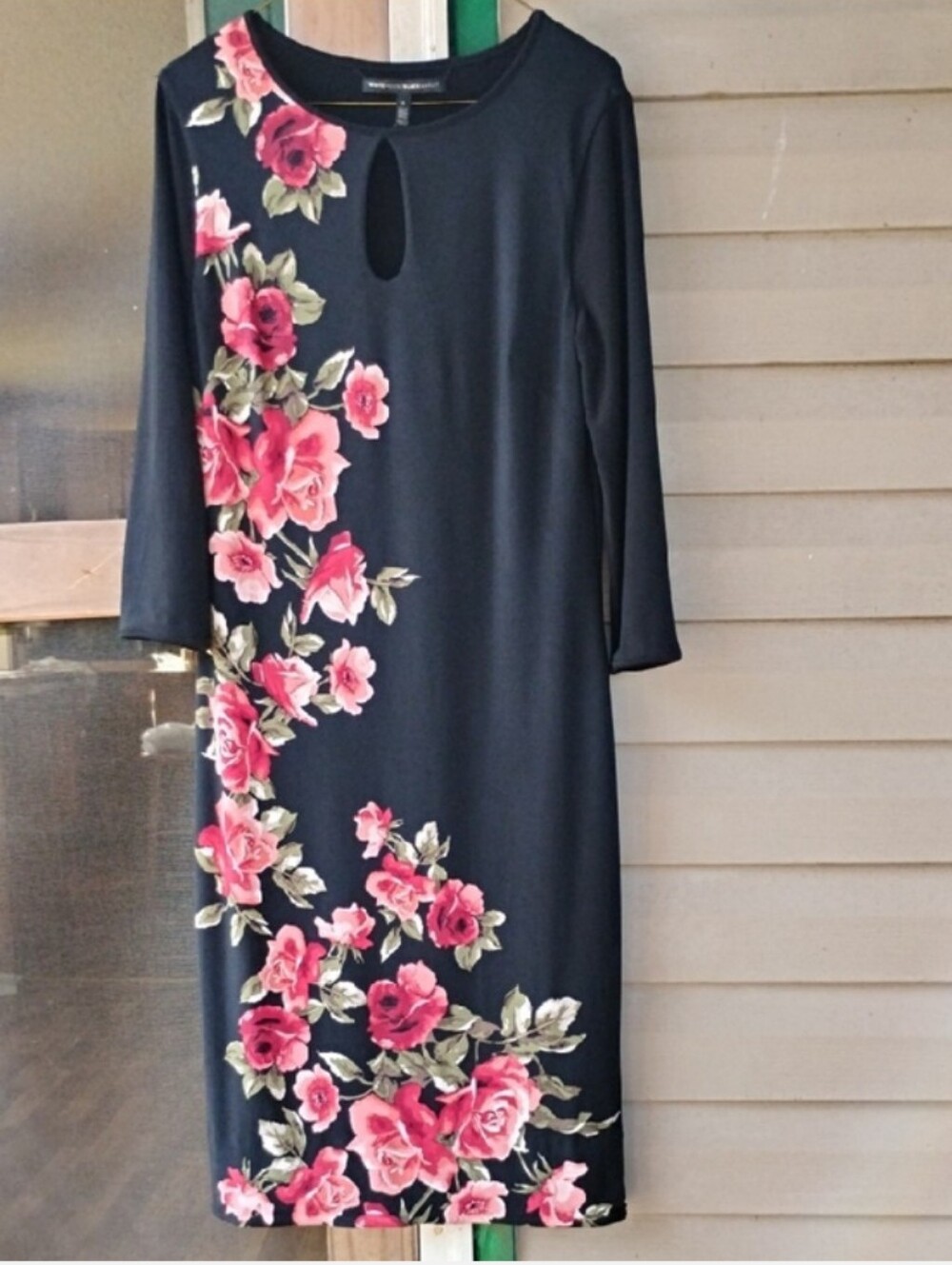 White House Black Market Black Midi Dress with Pink Floral Print
